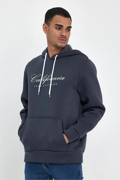 Erkek Kapşonlu Rahat Kalıp İçi Polarlı 3 iplik EL Yazılı Californıa Baskılı Swetashırt spr24sw03 - 5