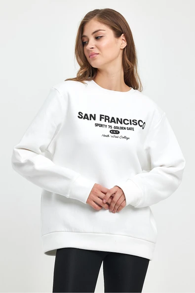 Kadın Bisiklet Yaka Rahat Kalıp İçi Polarlı 3 iplik San Francisco Baskılı Swetashırt Spr24swk27 - Resim 8