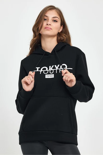 Kadın Kapşonlu Rahat Kalıp İçi Polarlı 3 iplik Tokyo Baskılı Swetashırt Spr24swk12 - Resim 5