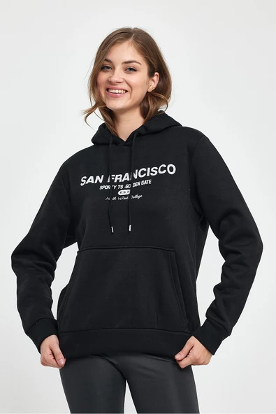 Süperlife Kadın Kapşonlu Rahat Kalıp İçi Polarlı 3 iplik Kanguru Cepli San Francisco Baskılı Swetashırt Spr24swk02 ürün görseli