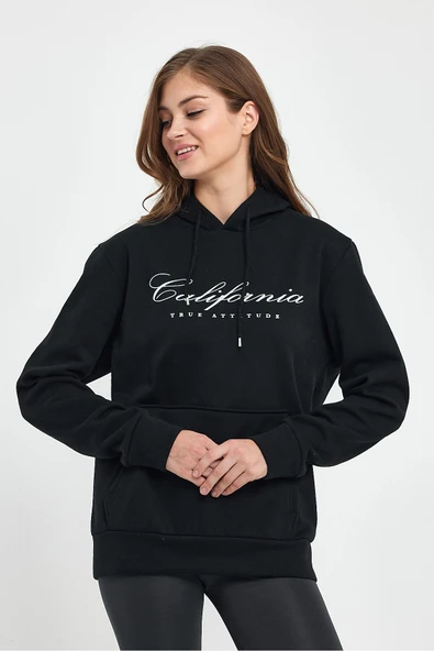 Süperlife Kadın Kapşonlu Rahat Kalıp İçi Polarlı 3 iplik Californıa Baskılı Swetashırt spr24swk03 - 2