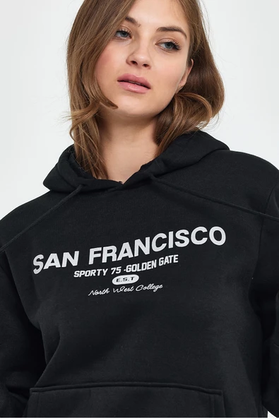 Süperlife Kadın Kapşonlu Rahat Kalıp İçi Polarlı 3 iplik Kanguru Cepli San Francisco Baskılı Swetashırt Spr24swk02 - 2