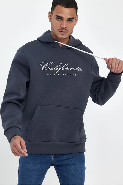 Erkek Kapşonlu Rahat Kalıp İçi Polarlı 3 iplik EL Yazılı Californıa Baskılı Swetashırt spr24sw03 - 6