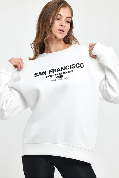 Kadın Bisiklet Yaka Rahat Kalıp İçi Polarlı 3 iplik San Francisco Baskılı Swetashırt Spr24swk27 - 10