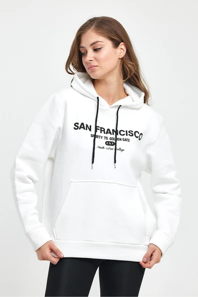 Süperlife Kadın Kapşonlu Rahat Kalıp İçi Polarlı 3 iplik Kanguru Cepli San Francisco Baskılı Swetashırt Spr24swk02 - Resim 10