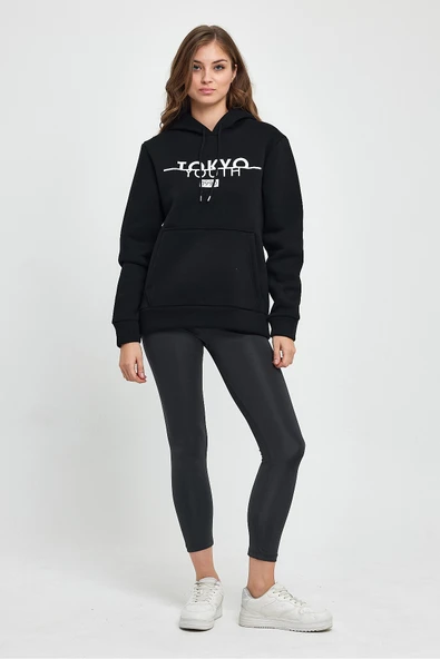 Kadın Kapşonlu Rahat Kalıp İçi Polarlı 3 iplik Tokyo Baskılı Swetashırt Spr24swk12 ürün görseli