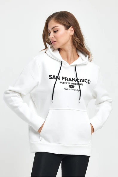 Süperlife Kadın Kapşonlu Rahat Kalıp İçi Polarlı 3 iplik Kanguru Cepli San Francisco Baskılı Swetashırt Spr24swk02 - Resim 9
