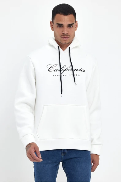 Erkek Kapşonlu Rahat Kalıp İçi Polarlı 3 iplik EL Yazılı Californıa Baskılı Swetashırt spr24sw03 - 10