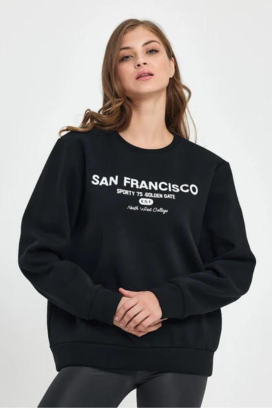 Kadın Bisiklet Yaka Rahat Kalıp İçi Polarlı 3 iplik San Francisco Baskılı Swetashırt Spr24swk27 - 5