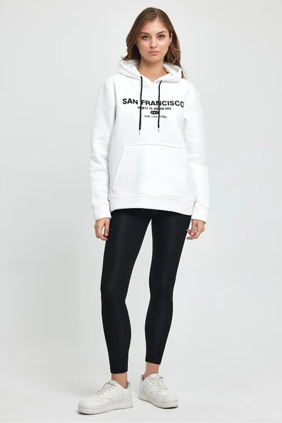 Süperlife Kadın Kapşonlu Rahat Kalıp İçi Polarlı 3 iplik Kanguru Cepli San Francisco Baskılı Swetashırt Spr24swk02 - Resim 11