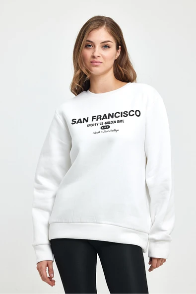 Kadın Bisiklet Yaka Rahat Kalıp İçi Polarlı 3 iplik San Francisco Baskılı Swetashırt Spr24swk27 - Resim 9