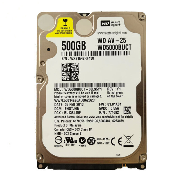 Western Digital AV-25 500GB,Internal 5400 RPM 2.5" WD5000BUCT NOTEBOOK HDD
