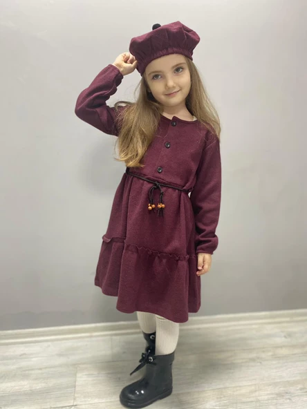 Kaşe Kumaş Şapkalı Kız Çocuk Elbise MNK0559 - 5