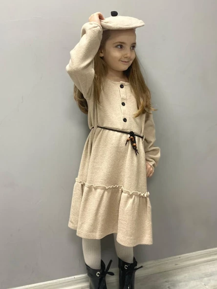 Kaşe Kumaş Şapkalı Kız Çocuk Elbise MNK0559 - 4