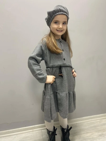 Kaşe Kumaş Şapkalı Kız Çocuk Elbise MNK0559 - 2