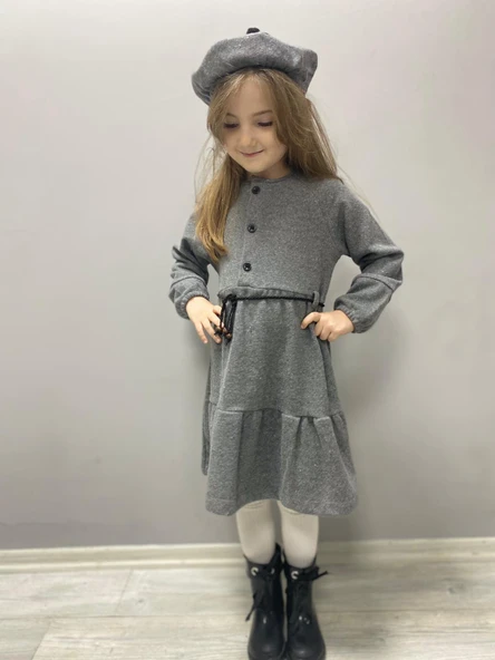 Kaşe Kumaş Şapkalı Kız Çocuk Elbise MNK0559 - 6