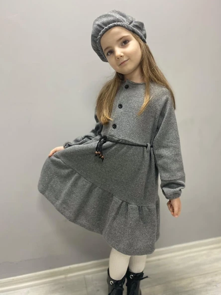 Kaşe Kumaş Şapkalı Kız Çocuk Elbise MNK0559 - 9