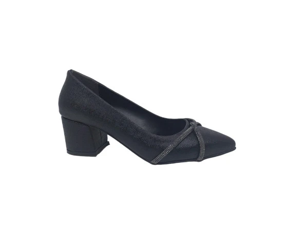 Zerhan 458 Kadın Siyah Pırıltılı Taşlı Alçak Topuklu Ayakkabı