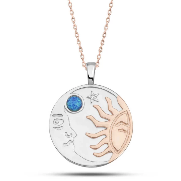 Lucky Life 925 Ayar Gumuss Rose Opal Mavi Taşlı Ay Güneş Lucky Life Lucky Life Lucky Life Kadın Kolye