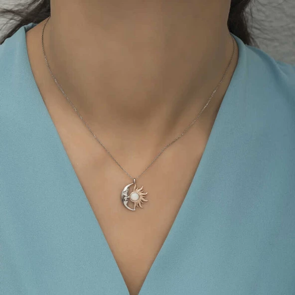 Lucky Life 925 Ayar Gumuss Opal Beyaz Taşlı Ay Güneş Lucky Life Kadın Kolye - Resim 2
