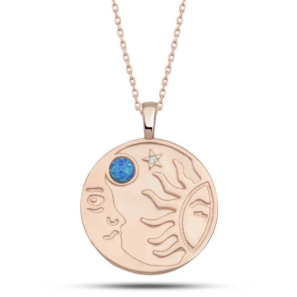 Lucky Life 925 Ayar Gumuss Rose Opal Mavi Taşlı Ay Güneş Lucky Life Lucky Life Lucky Life Kadın Kolye