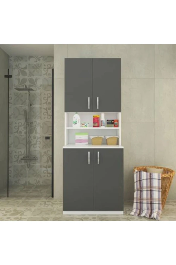 İndirim Rüzgarı Antrasit Banyo Raflı Kapaklı Çamaşır Makinesi Dolabı