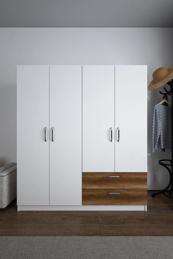 Mordeka Premium 4 Kapaklı 2 Çekmeceli Gardırop
