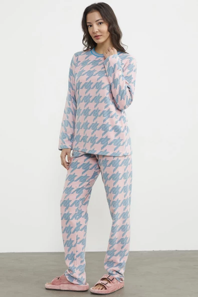 Sıfır Yaka Desenli Polar Pijama Takım - Pembe - 3