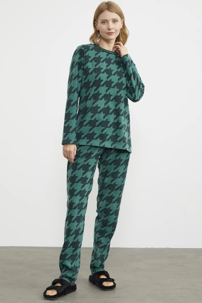 Sıfır Yaka Desenli Polar Pijama Takım - Yeşil - 4