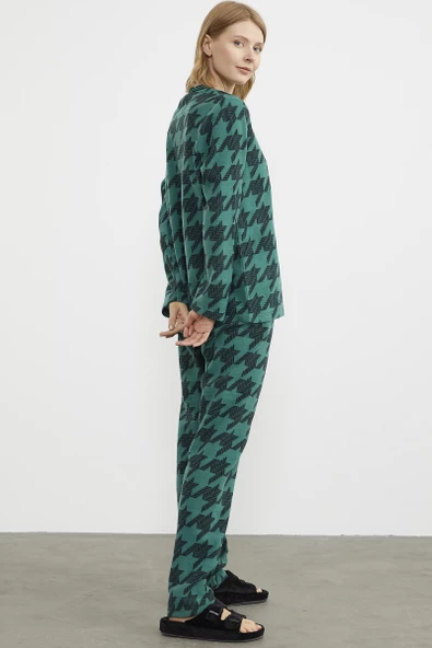 Sıfır Yaka Desenli Polar Pijama Takım - Yeşil - 5
