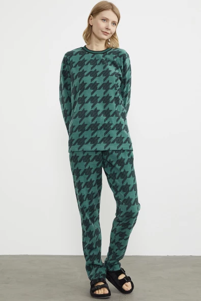 Sıfır Yaka Desenli Polar Pijama Takım - Yeşil - 2