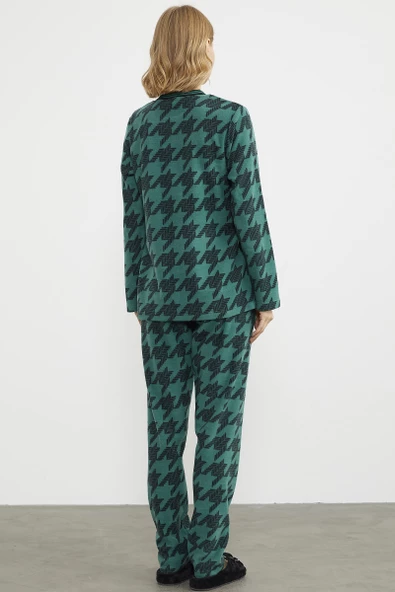 Sıfır Yaka Desenli Polar Pijama Takım - Yeşil - 6