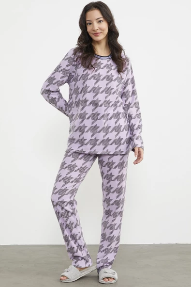 Sıfır Yaka Desenli Polar Pijama Takım - Lila - 3
