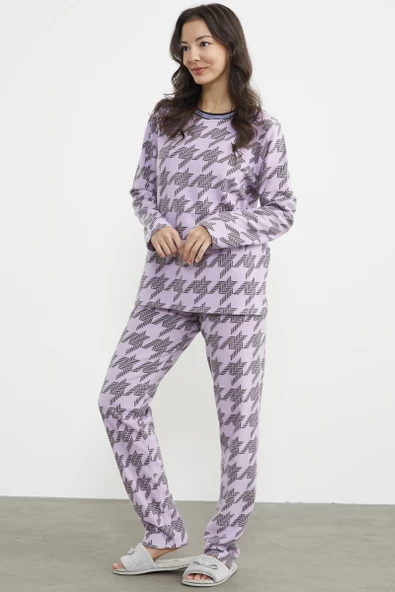 Sıfır Yaka Desenli Polar Pijama Takım - Lila - 4