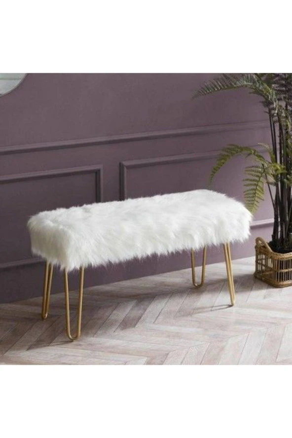 Sandalyecafesi Sandalye Cafesi Metal Gold Ayaklı Beyaz Tüylü Peluş Puf Bench Gold394021