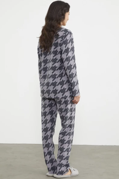 Sıfır Yaka Desenli Polar Pijama Takım - Antrasit - 5