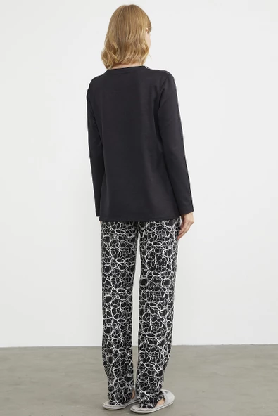 Yakası Düğme Detaylı Pijama Takım - Siyah - 4