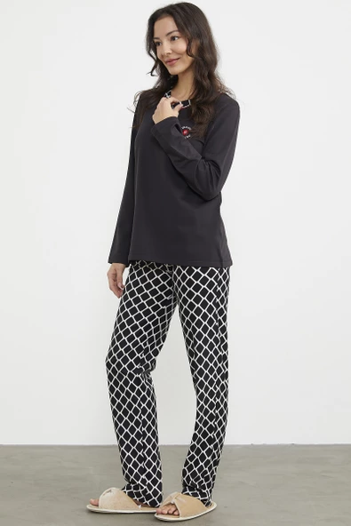 Kareli Çift Renk Pijama Takım - Siyah - Resim 3