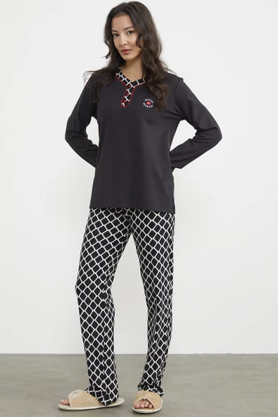 Kareli Çift Renk Pijama Takım - Siyah - Resim 2