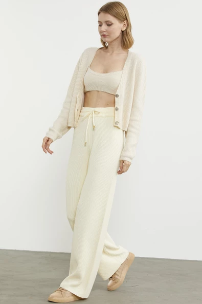 İnce Fitilli Beli Lastikli Triko Pantolon - Kemik - Resim 4