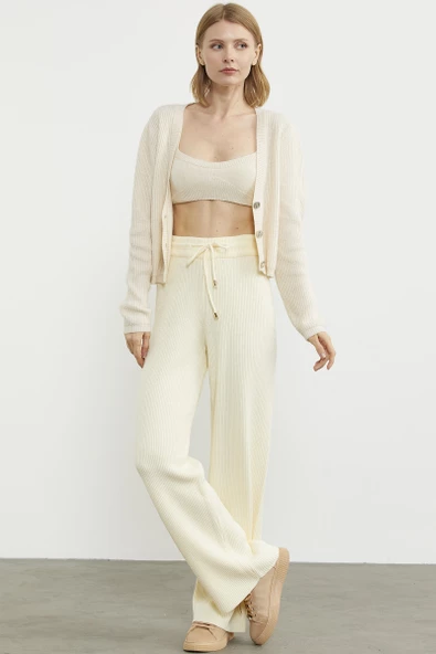İnce Fitilli Beli Lastikli Triko Pantolon - Kemik - Resim 3