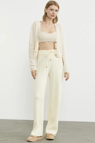 İnce Fitilli Beli Lastikli Triko Pantolon - Kemik ürün görseli 1