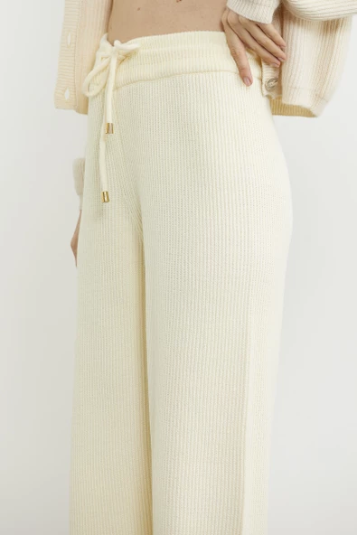 İnce Fitilli Beli Lastikli Triko Pantolon - Kemik - Resim 5