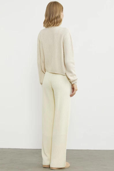 İnce Fitilli Beli Lastikli Triko Pantolon - Kemik - Resim 6