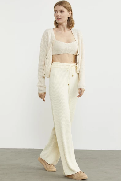 İnce Fitilli Beli Lastikli Triko Pantolon - Kemik - Resim 2