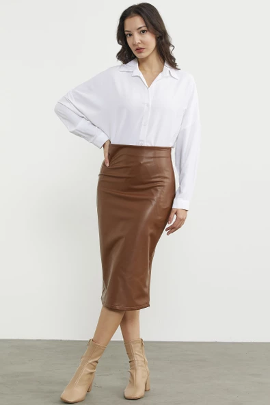 Diz Boy Suni Deri Etek - Kahve - Resim 4