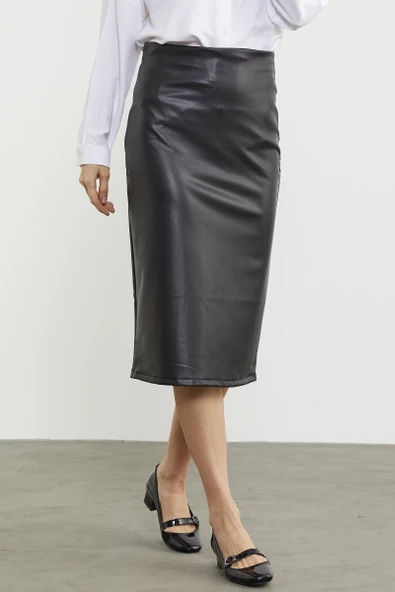 Diz Boy Suni Deri Etek - Siyah - Resim 3