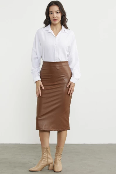 Diz Boy Suni Deri Etek - Kahve - Resim 2