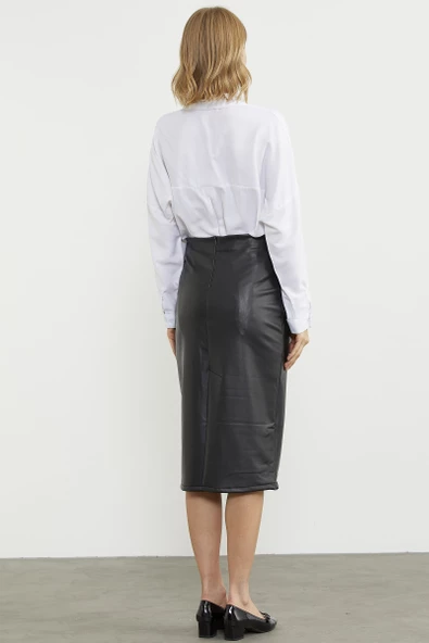 Diz Boy Suni Deri Etek - Siyah - Resim 6