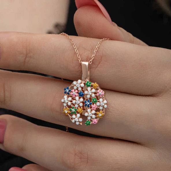 Lucky Life 925 Ayar Gumuss Rose Renkli Çiçek Kişiye Özel Lucky Life Lucky Life Kadın Kolye - 6